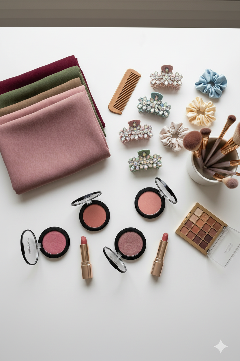 Top view flat lay with hair accessories, hijabs and makeup - no text